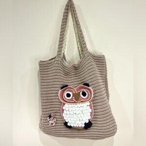 Owl Design Knit Tote Bag - Pink and Brown